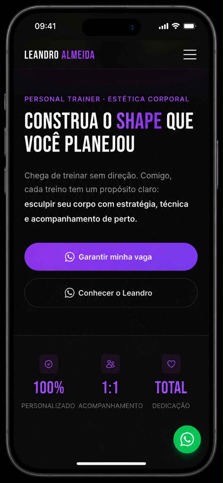Exemplo de página profissional para personal trainer